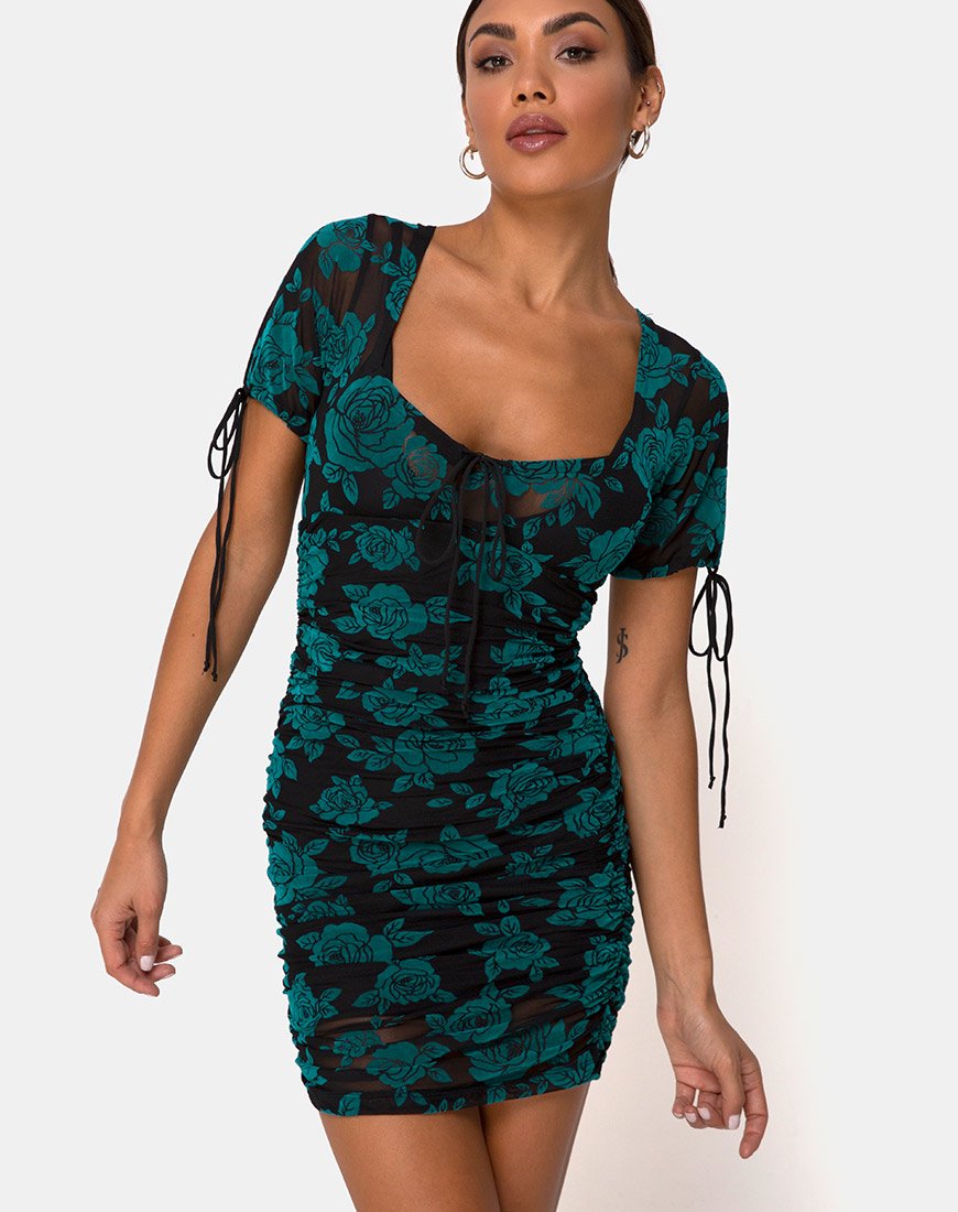 Image of Guenetta Mini Dress in Romantic Rose Flock Teal