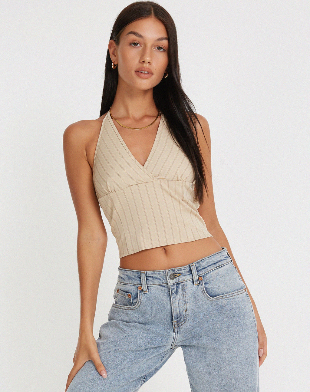 Hajra Halter Top in Cream Stripe (Top dos nu à rayures crème)