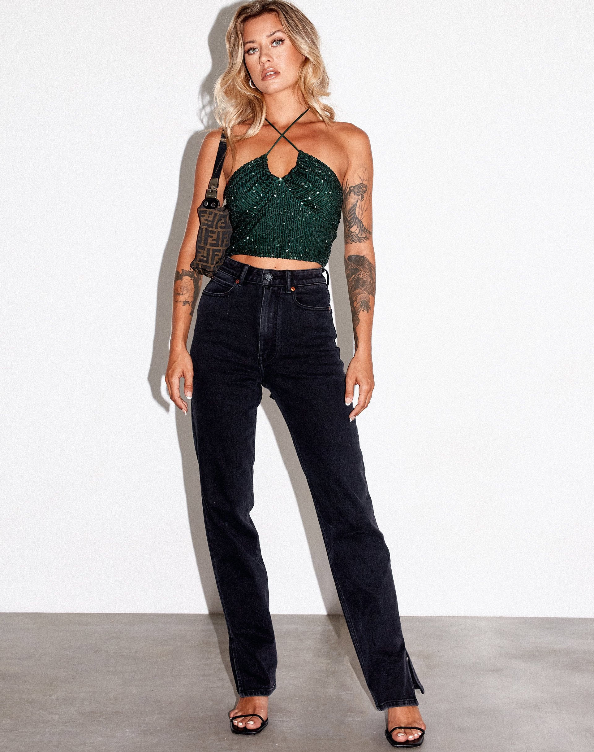 Image de Haltri Crop Top in Drape Sequin Forest Green
