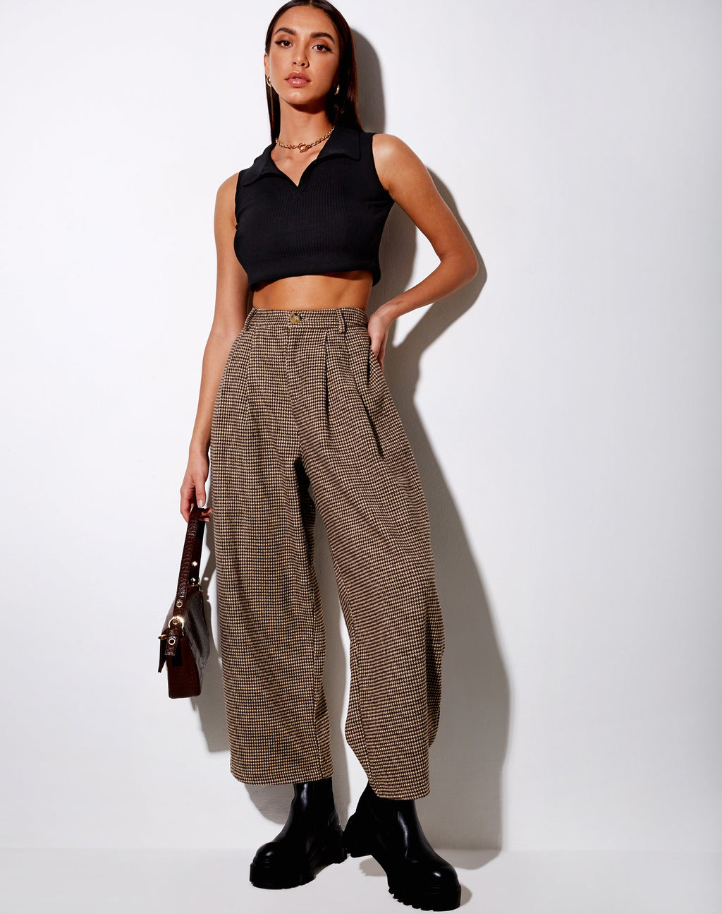 Pantalon Culotte Hatta en pied-de-poule marron