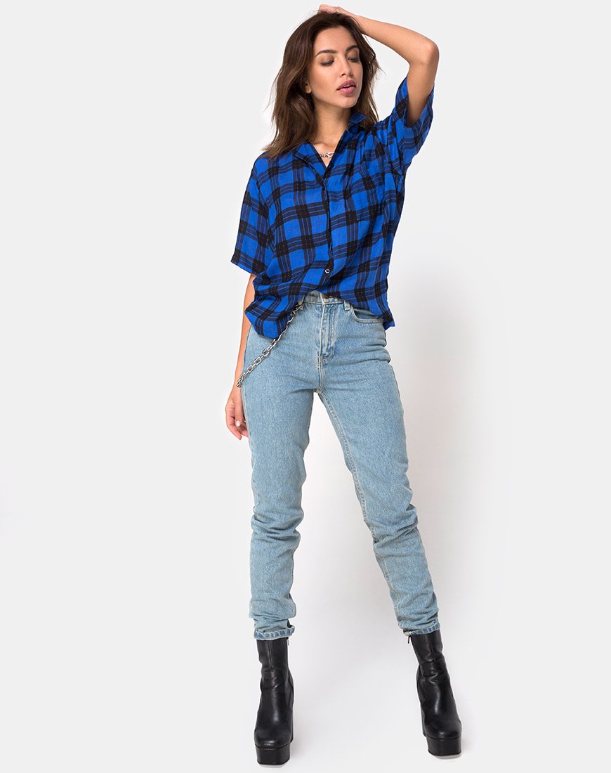 Image of Hawaiian Oversized Shirt in Tartan Blue