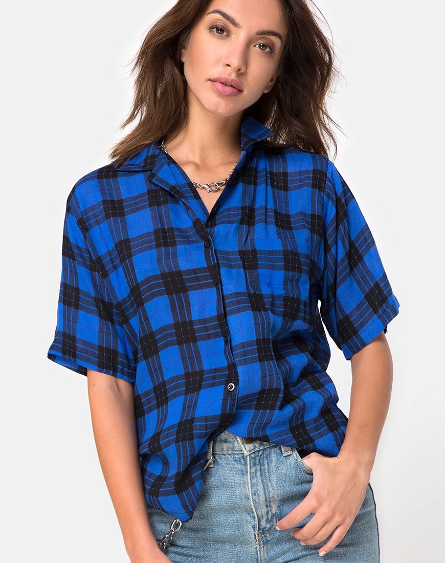Chemise oversize hawaïenne, bleu écossais