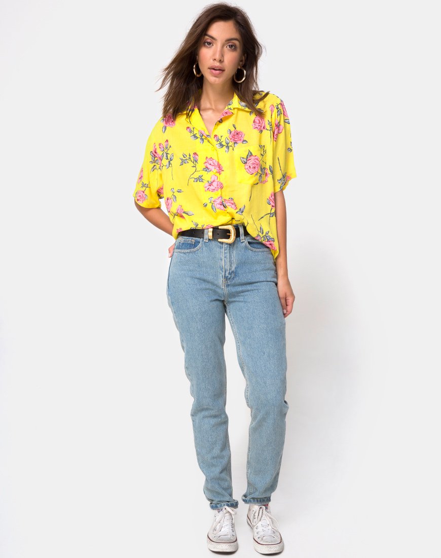 Image de la chemise hawaïenne en rose bonbon jaune