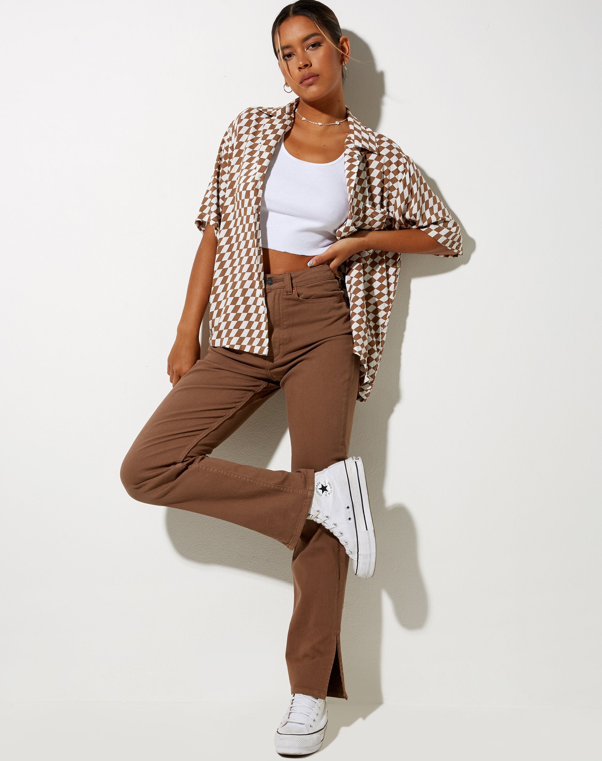 Image de la chemise hawaïenne à carreaux diagonaux Tan et Ivory