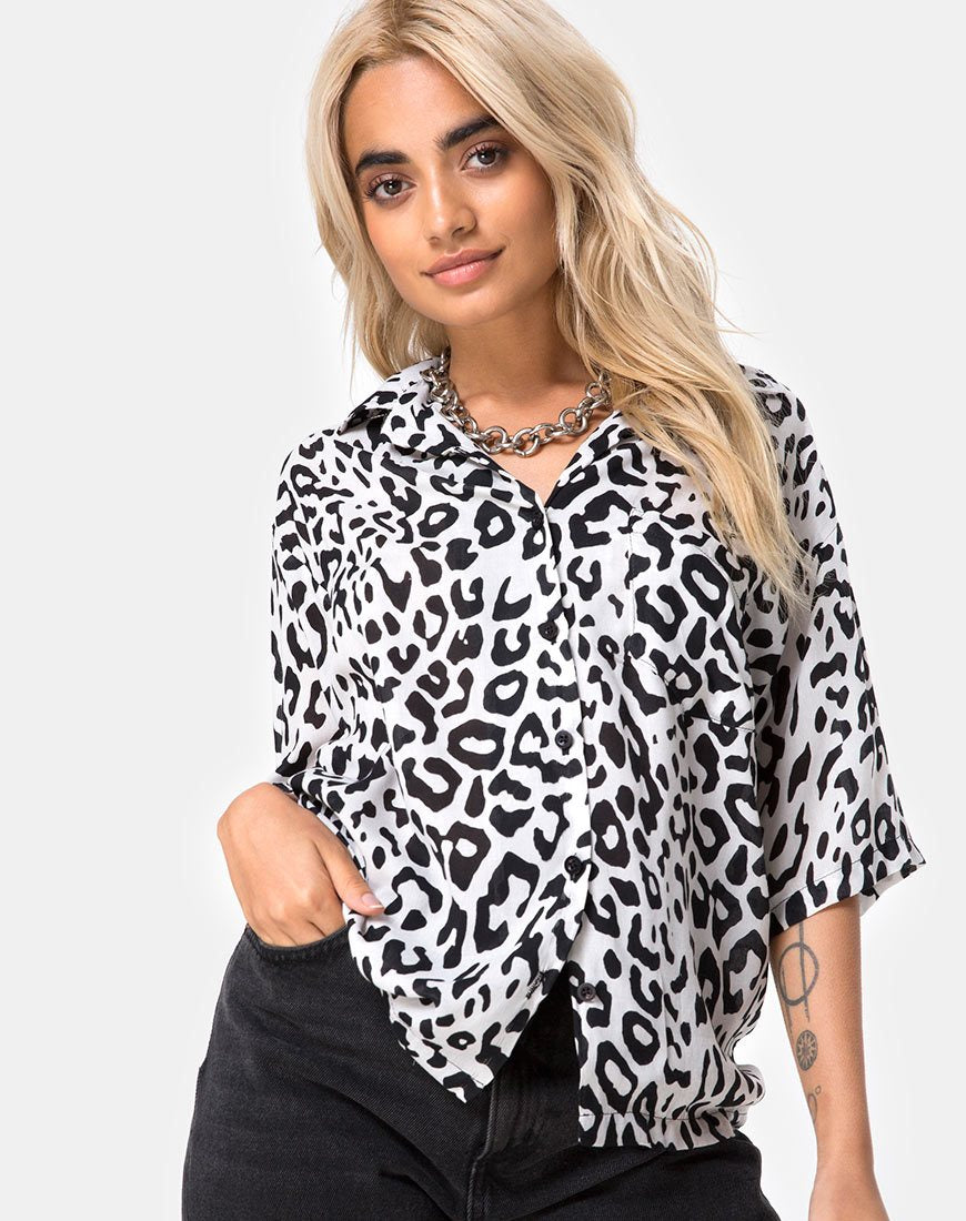 Chemise hawaïenne en mono animal gris et blanc
