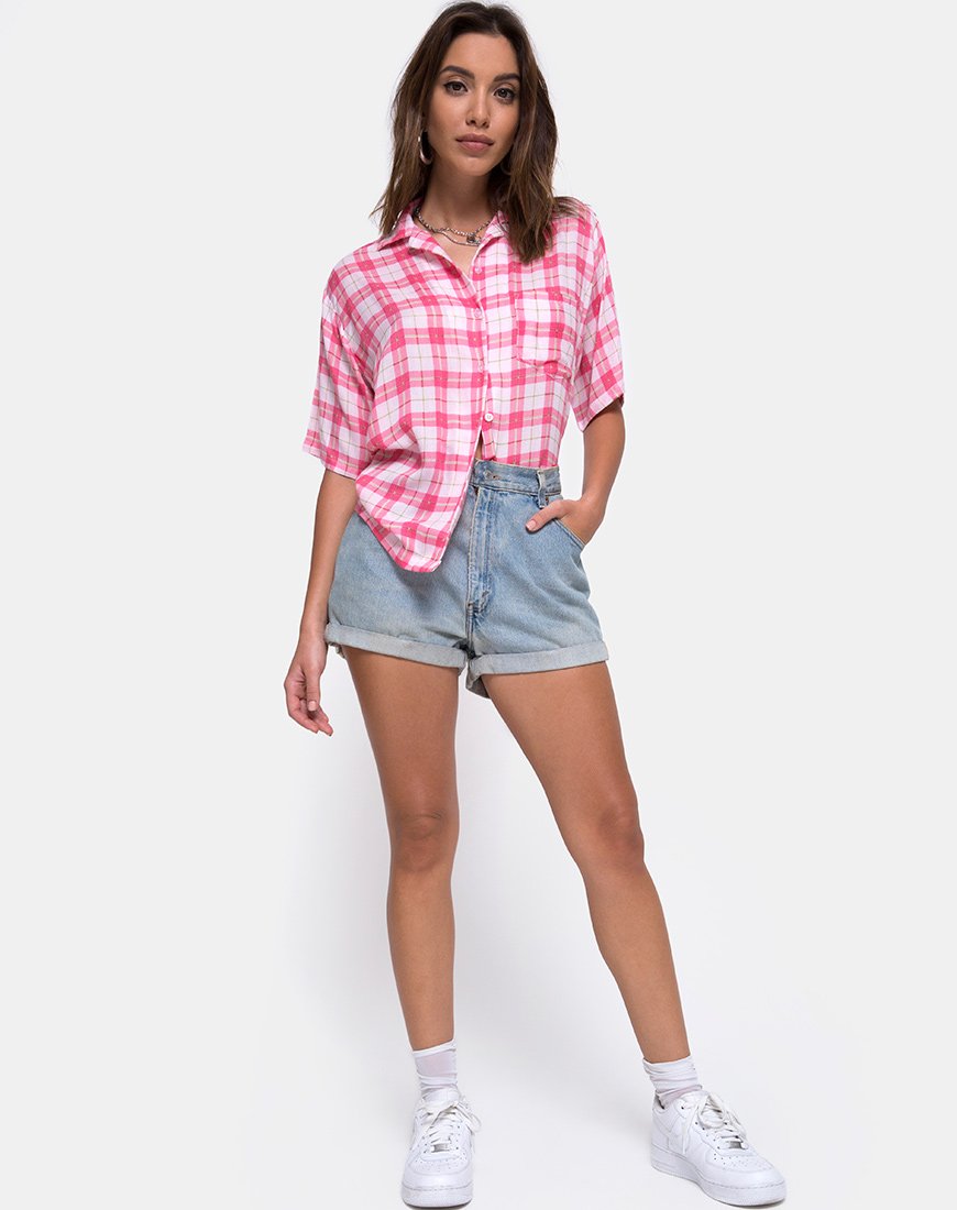 Image de la chemise hawaïenne à carreaux picnic rose