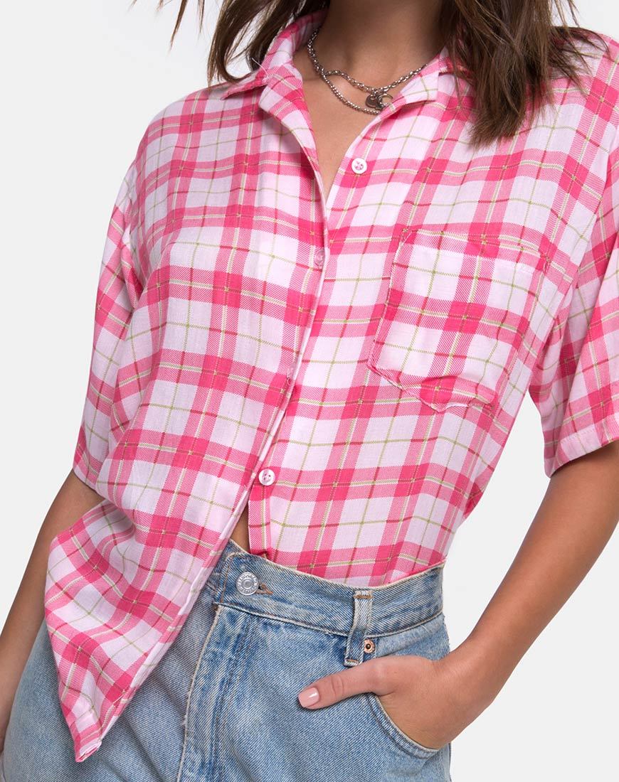 Image de la chemise hawaïenne à carreaux picnic rose