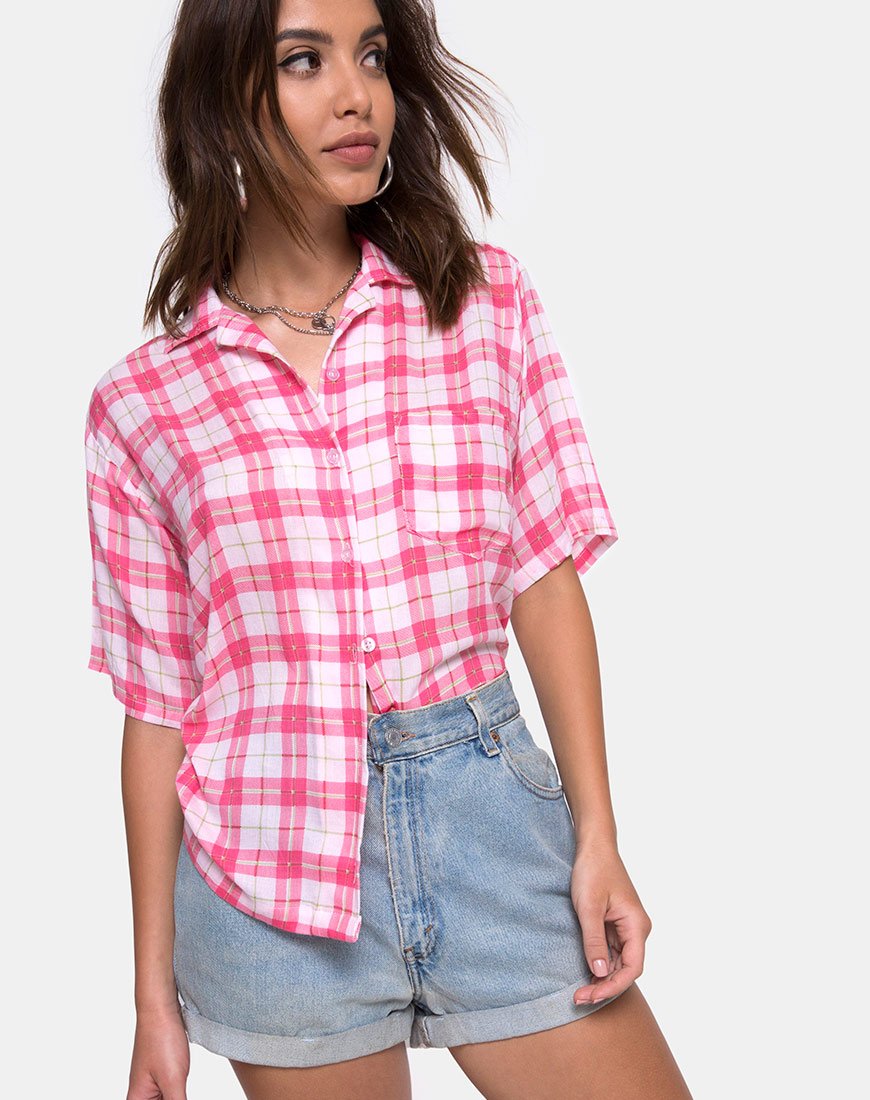 Image de la chemise hawaïenne à carreaux picnic rose
