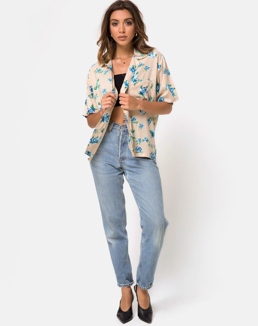 Image de la chemise hawaïenne en bleu fleur de rose
