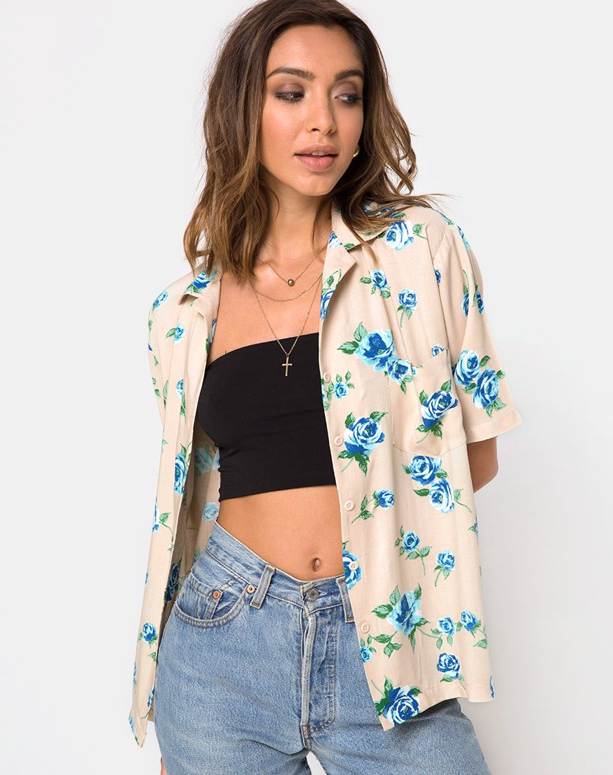 Chemise hawaïenne, bleu fleur de rose