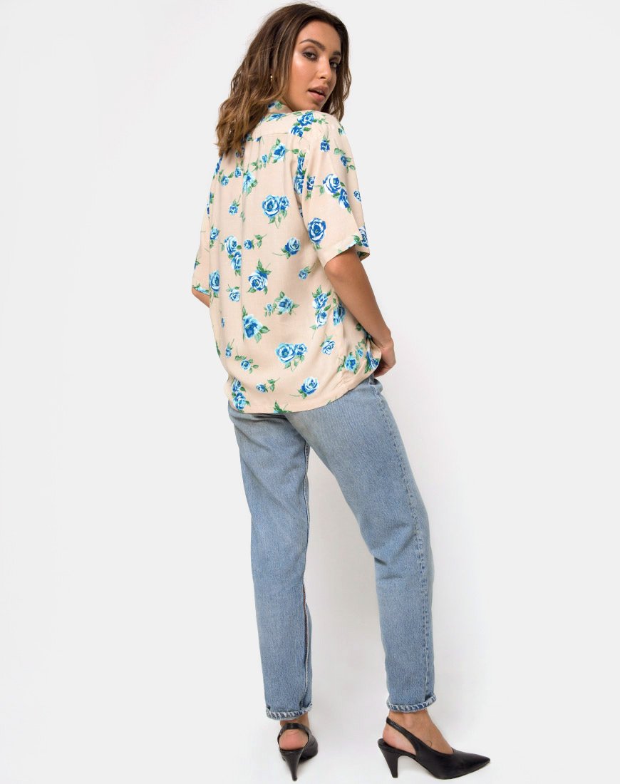 Image de la chemise hawaïenne en bleu fleur de rose