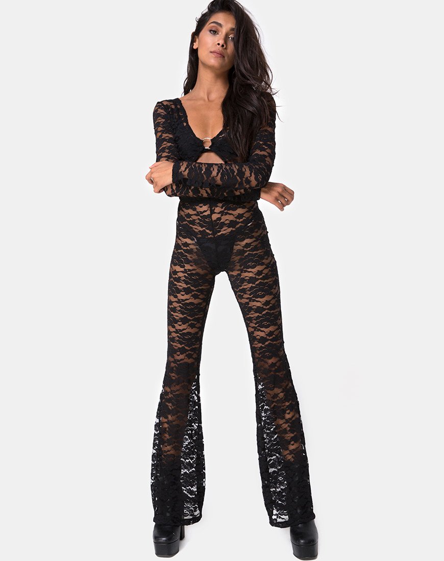 Image de Herlom pantalon évasé en dentelle noir