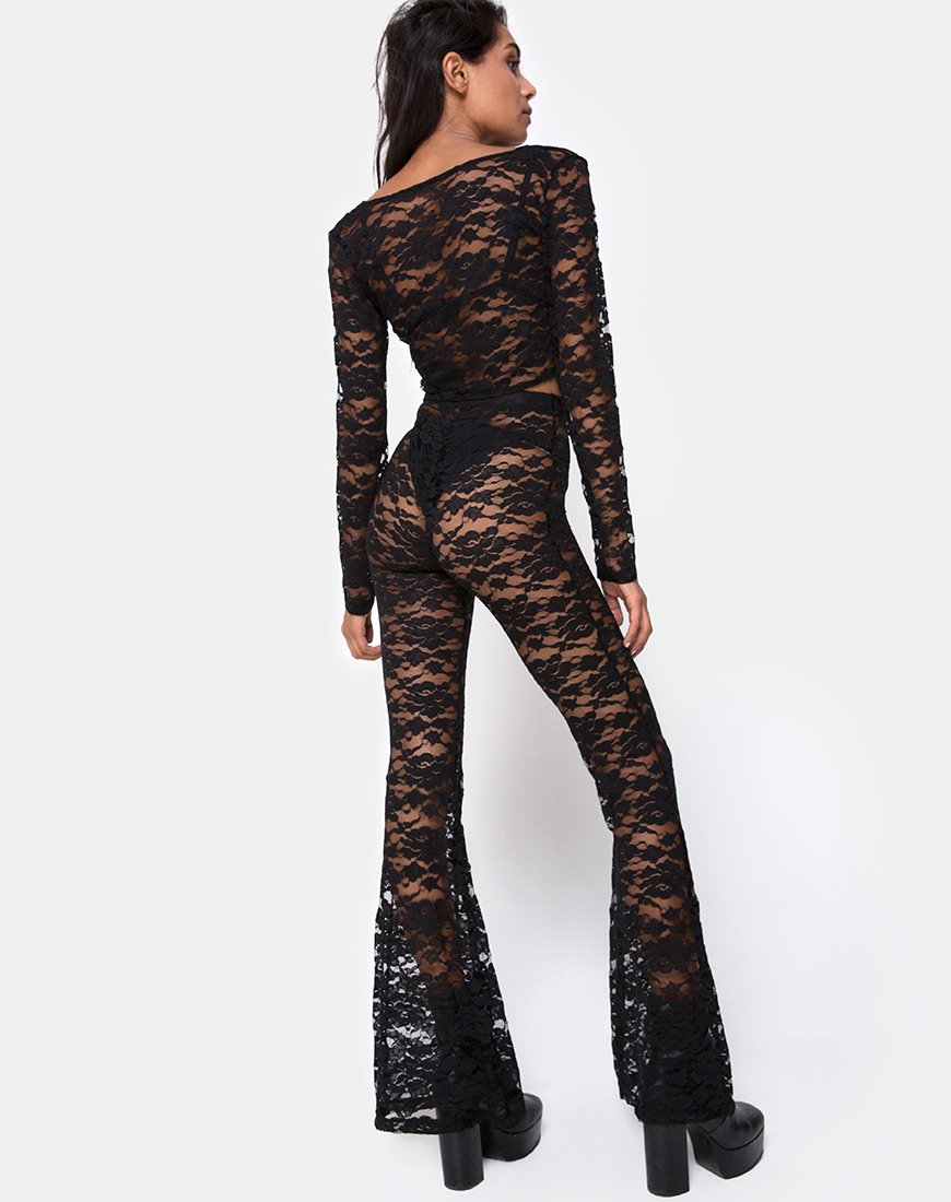 Image de Herlom pantalon évasé en dentelle noir