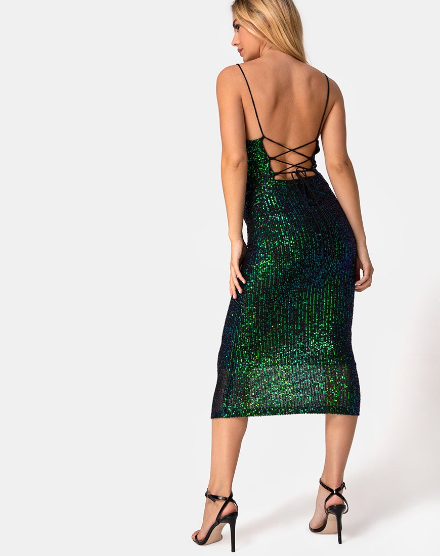 Image of Humia Midi Dress in Drape Net Sequin Iridescent Green