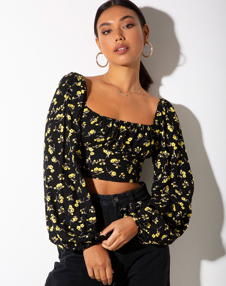 Top Irene en jaune bouton d'or et noir