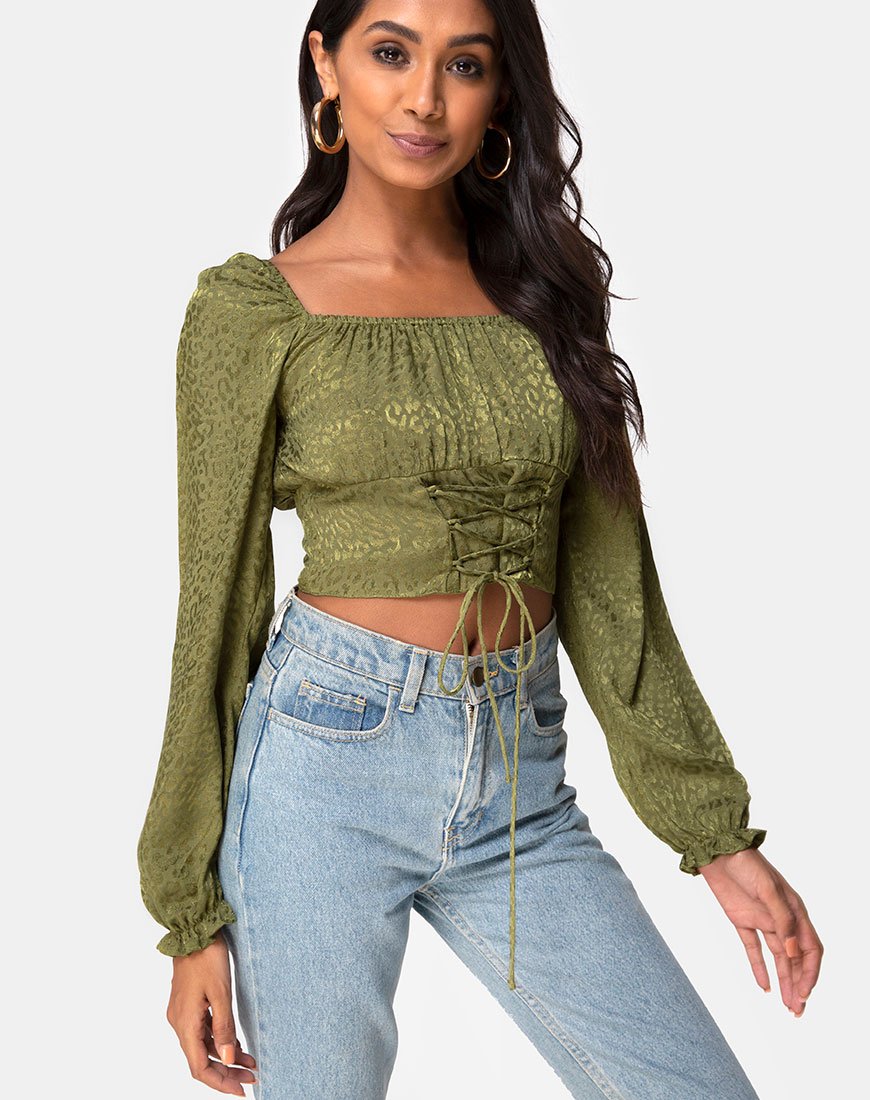 Image of Iris Crop Top in Satin Cheetah Khaki