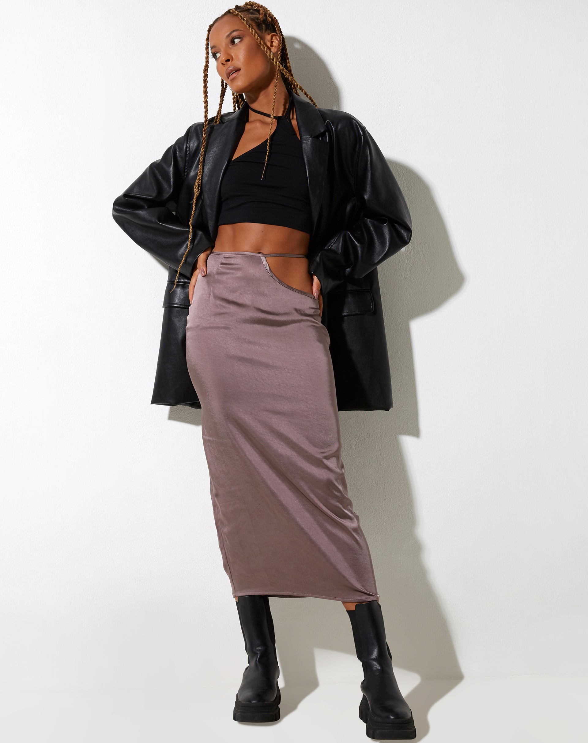 image de Jupe midi Gardy en satin acier