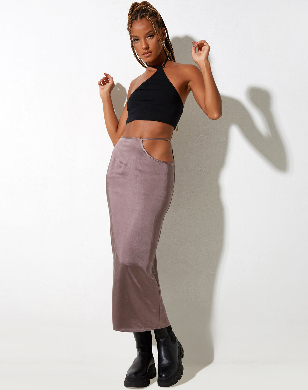 Jupe midi Gardy, satin acier