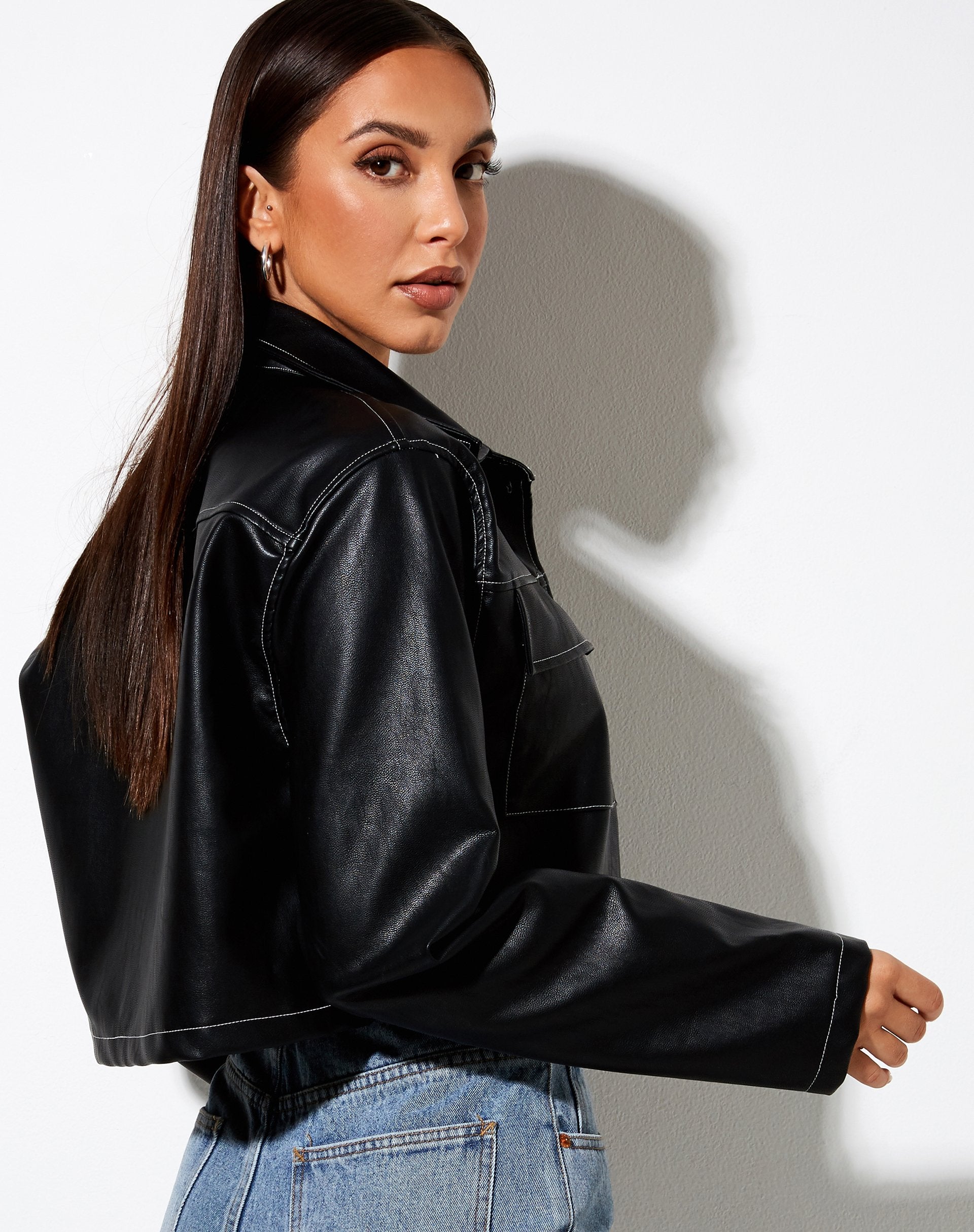Image of Jayla Shirt in PU Black with White Stitch