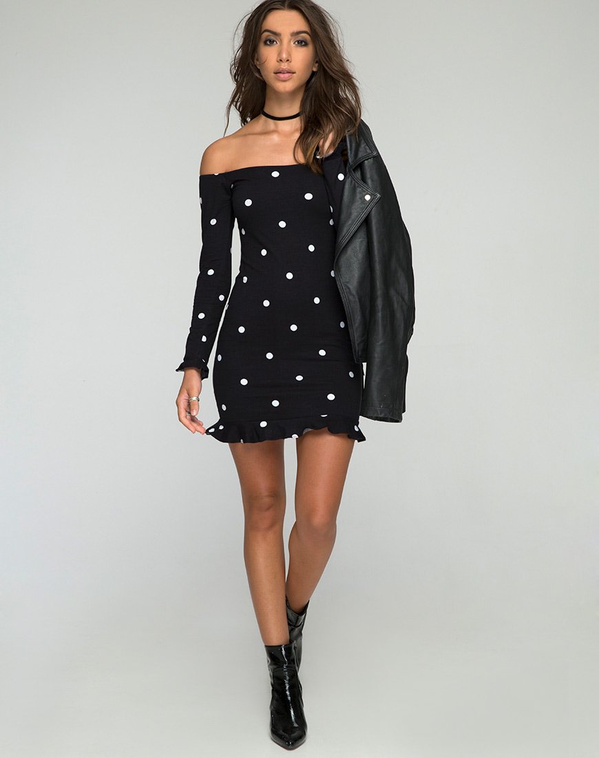 Image of Jazzie Off the Shoulder Dress in Polkadot Black and White