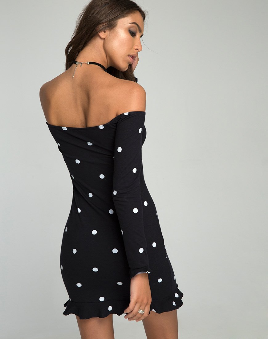 Image of Jazzie Off the Shoulder Dress in Polkadot Black and White
