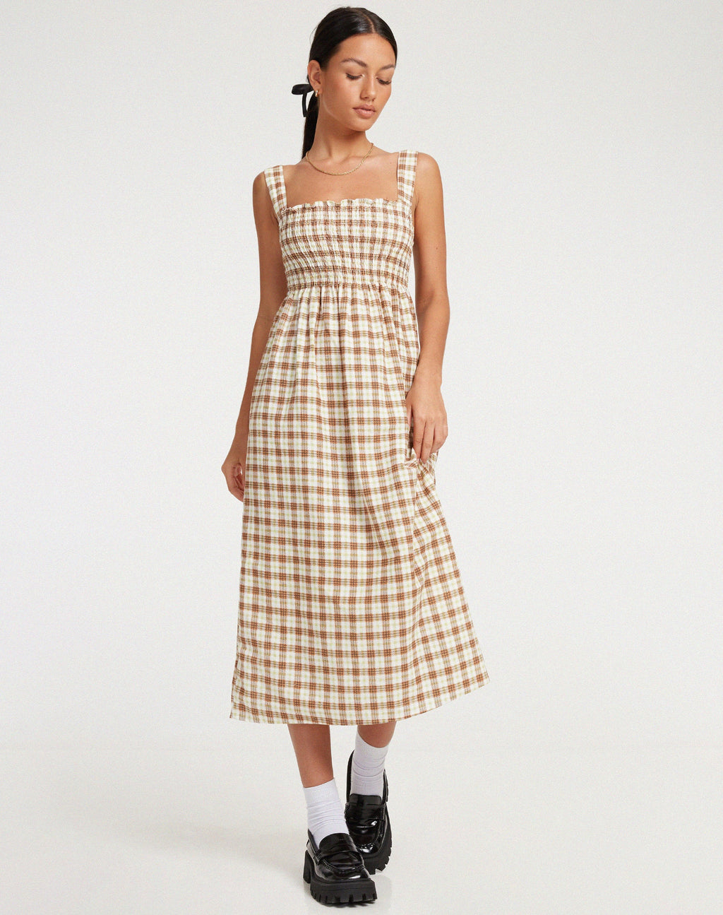 Jocasta Midi Dress in Yellow and Brown Check (Robe midi à carreaux jaunes et bruns)