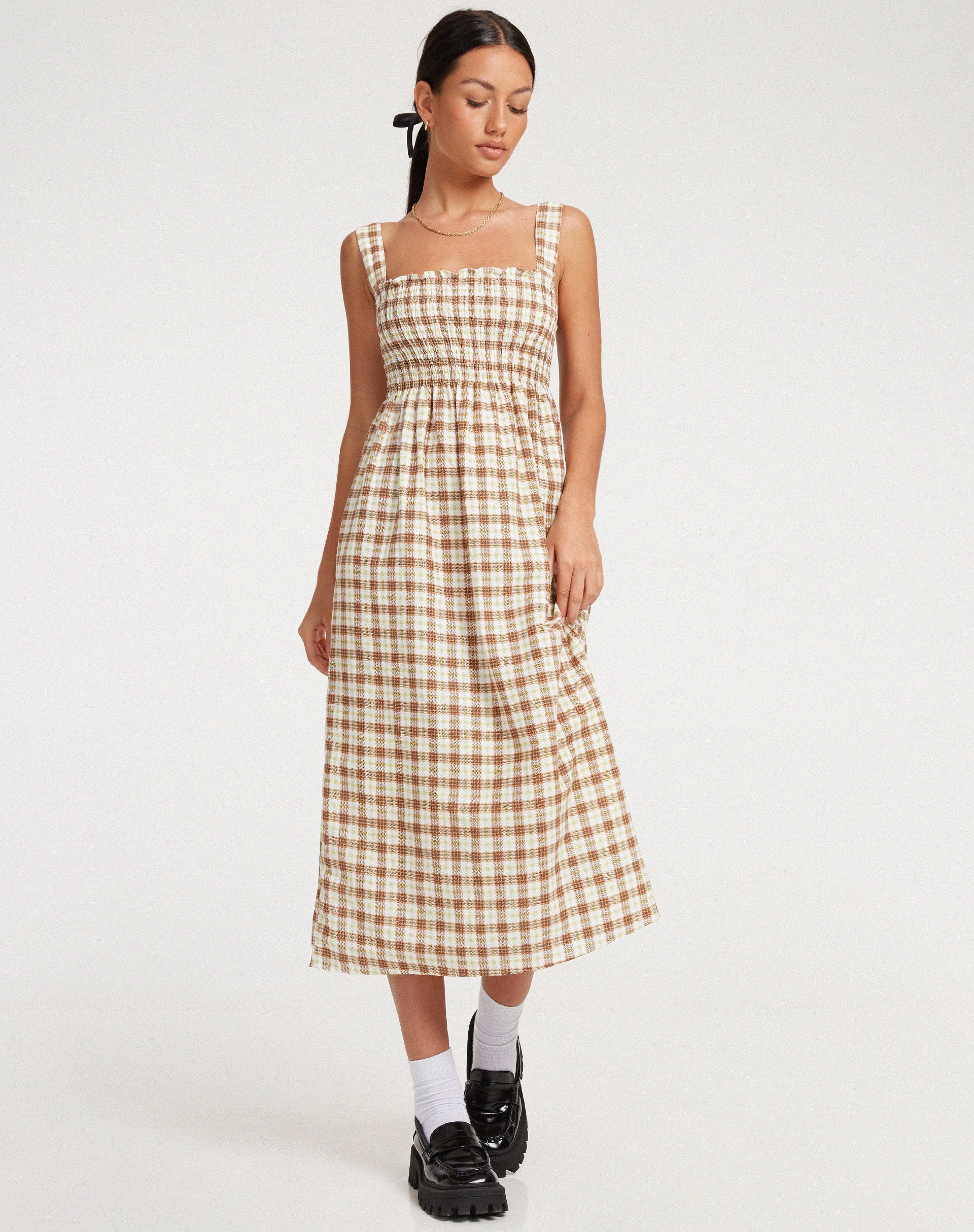 Image de Jocasta Midi Dress in Yellow and Brown Check (Robe midi à carreaux jaunes et bruns)