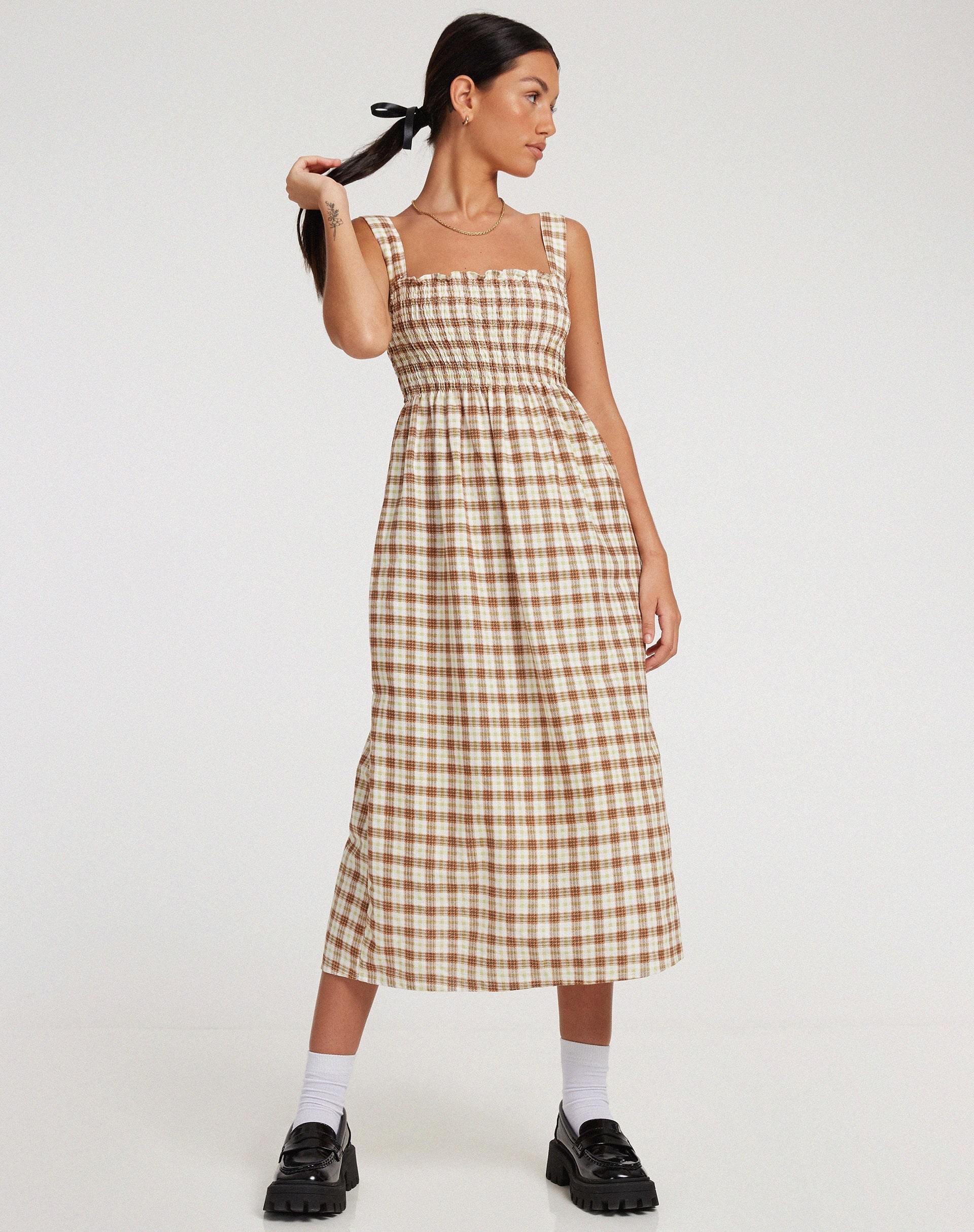 Image de Jocasta Midi Dress in Yellow and Brown Check (Robe midi à carreaux jaunes et bruns)