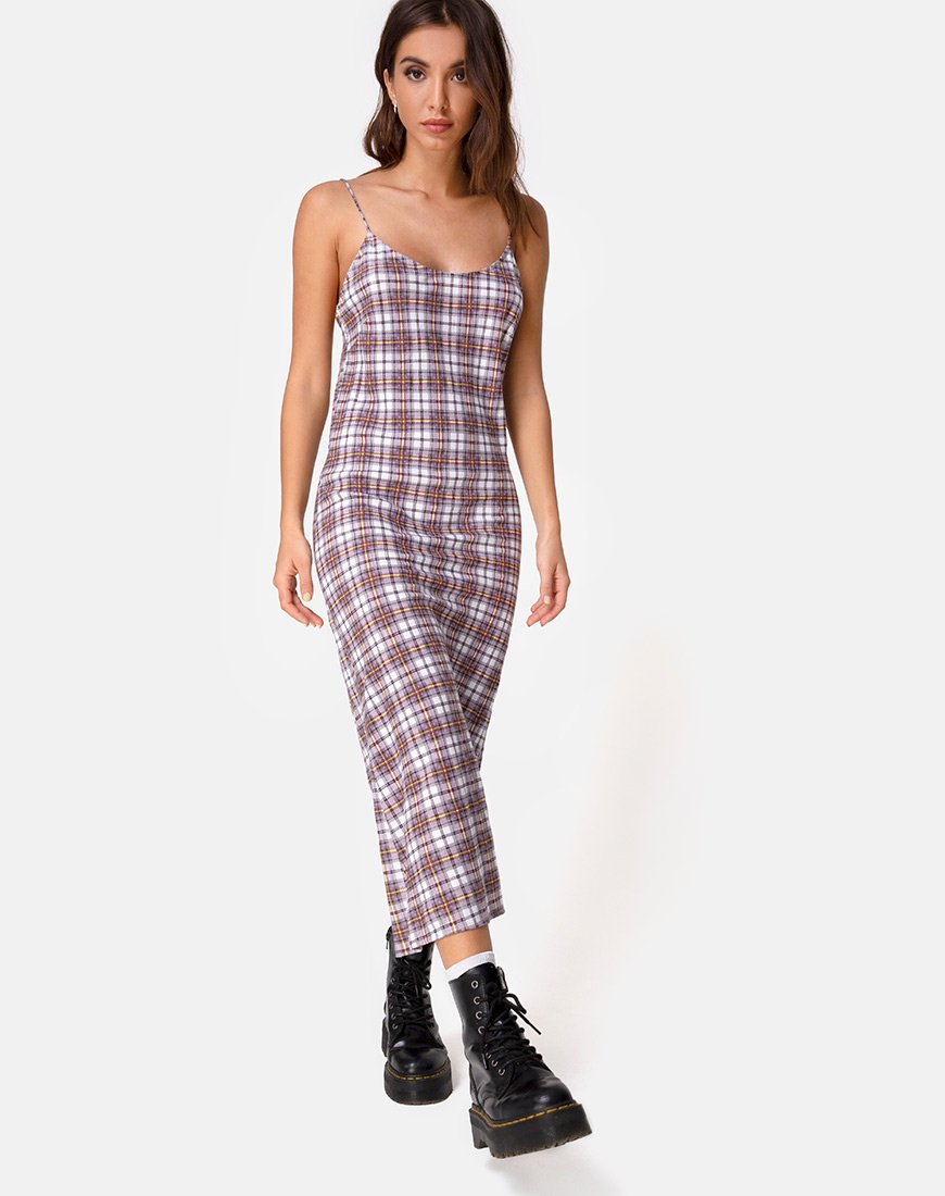 Julia Maxi Dress in Grunge Check Purple (robe longue à carreaux grunge)
