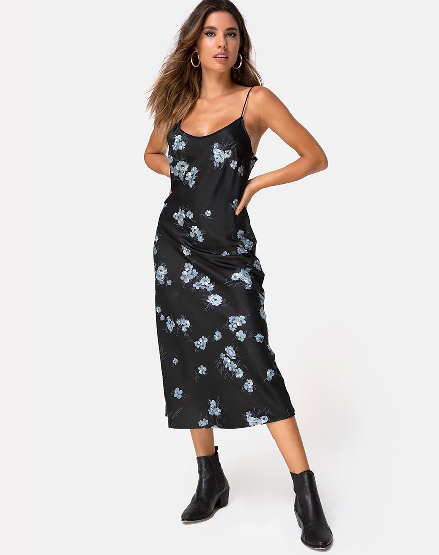 Robe longue Julia en satin noir Mono Flower
