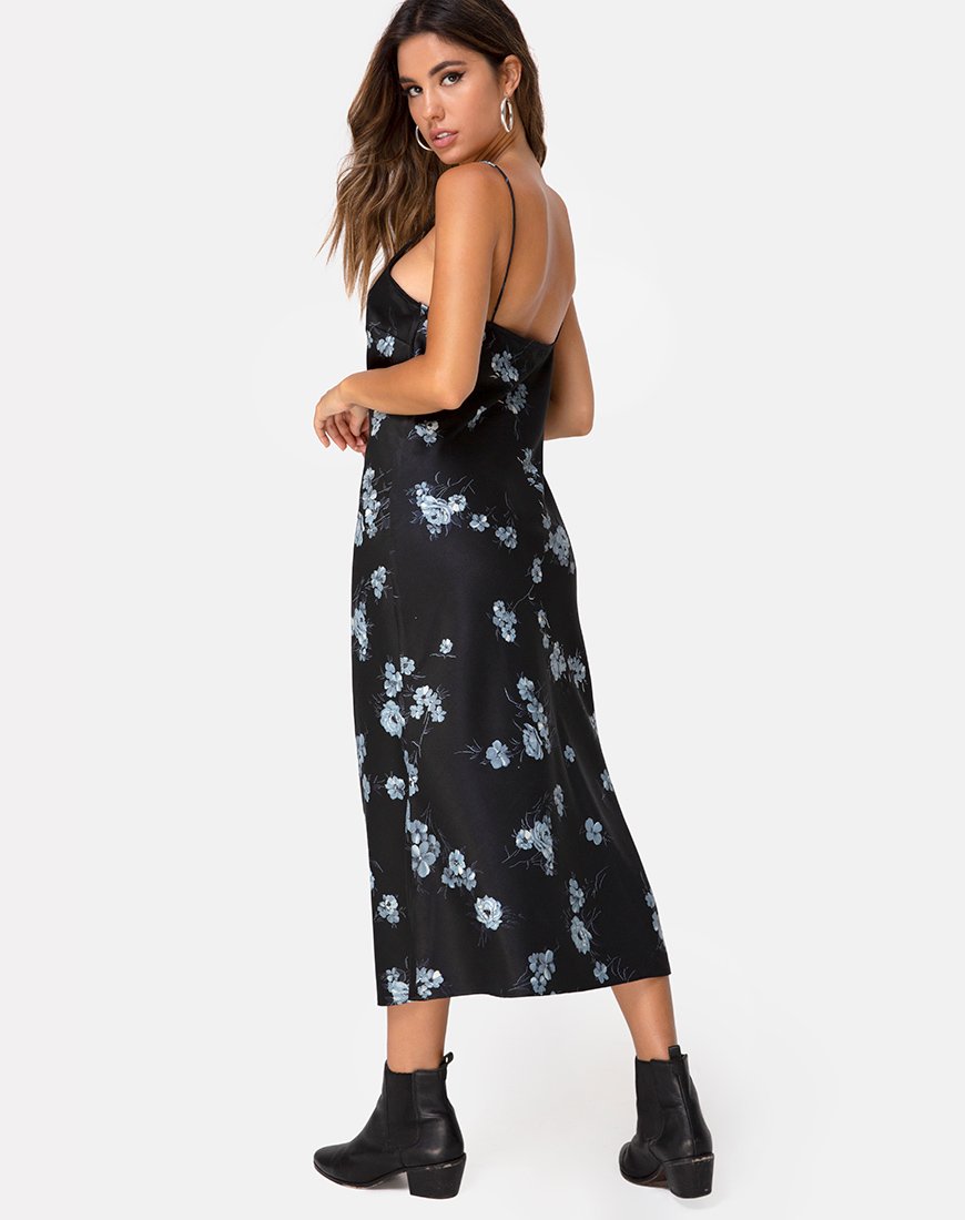 Robe longue Julia en satin noir Mono Flower