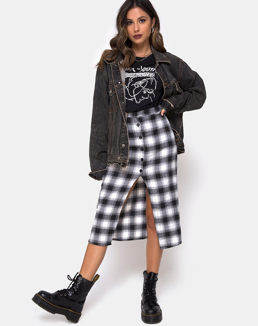 Kaisa Midi Skirt in Plaid Black and White (Jupe midi à carreaux noirs et blancs)