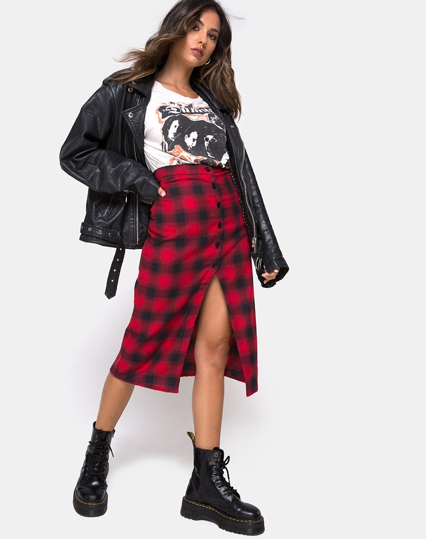 Kaisa Midi Skirt in Plaid Red and Black (Jupe midi à carreaux rouges et noirs)