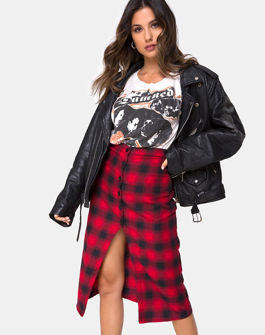 Kaisa Midi Skirt in Plaid Red and Black (Jupe midi à carreaux rouges et noirs)