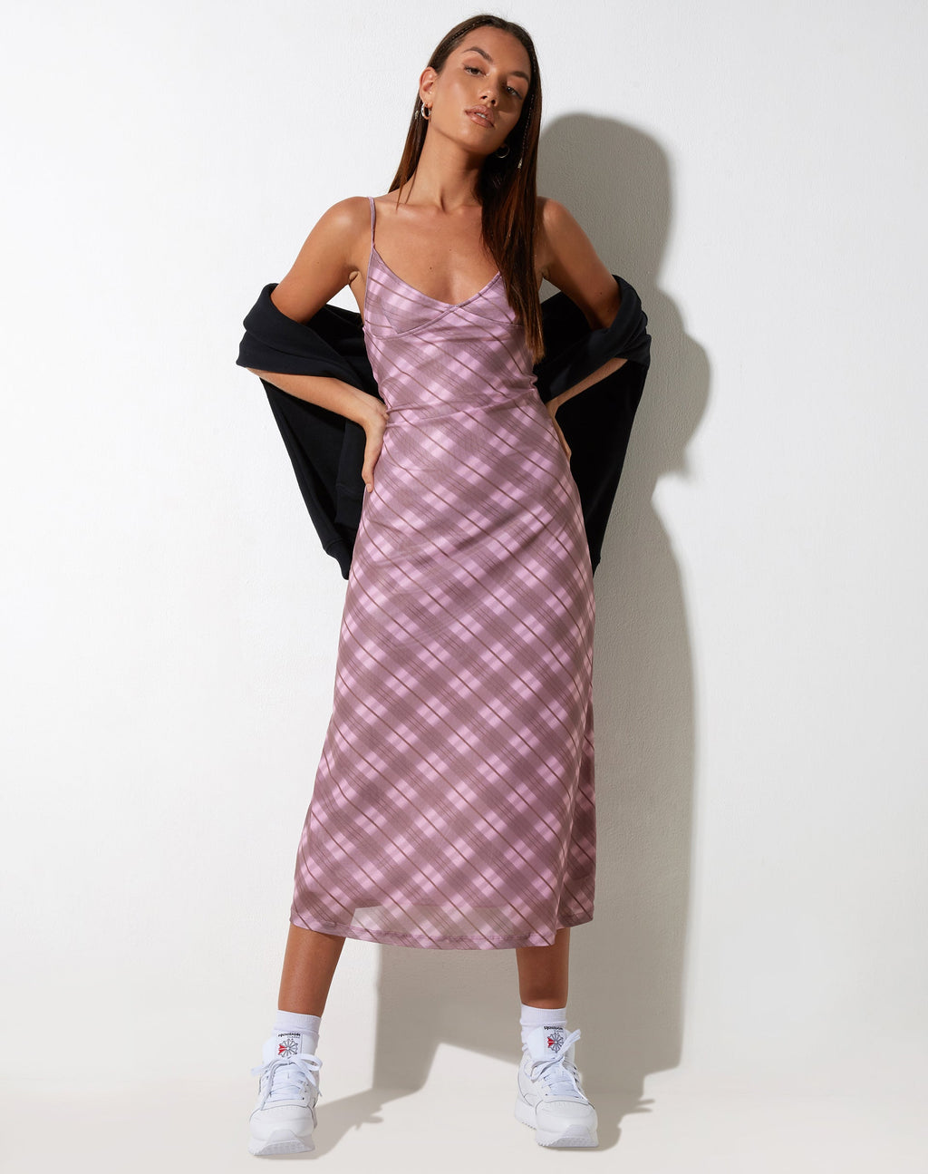 Kalana Midi Dress in Pink Blurred Check (Robe midi à carreaux flous)