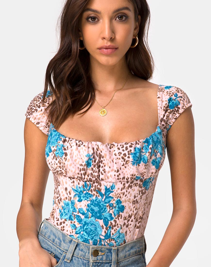Bodice Kalina en Jungle Flower bleu et crème