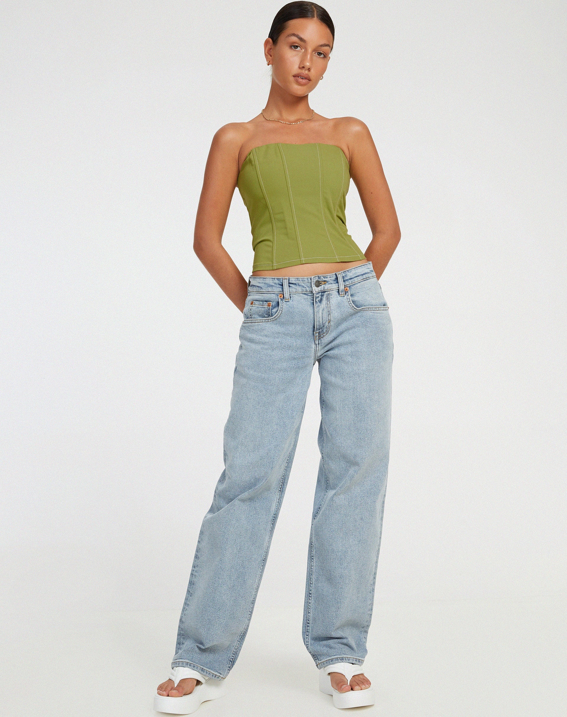 image de Kansa Corset Top in Pear Green with White Stitch