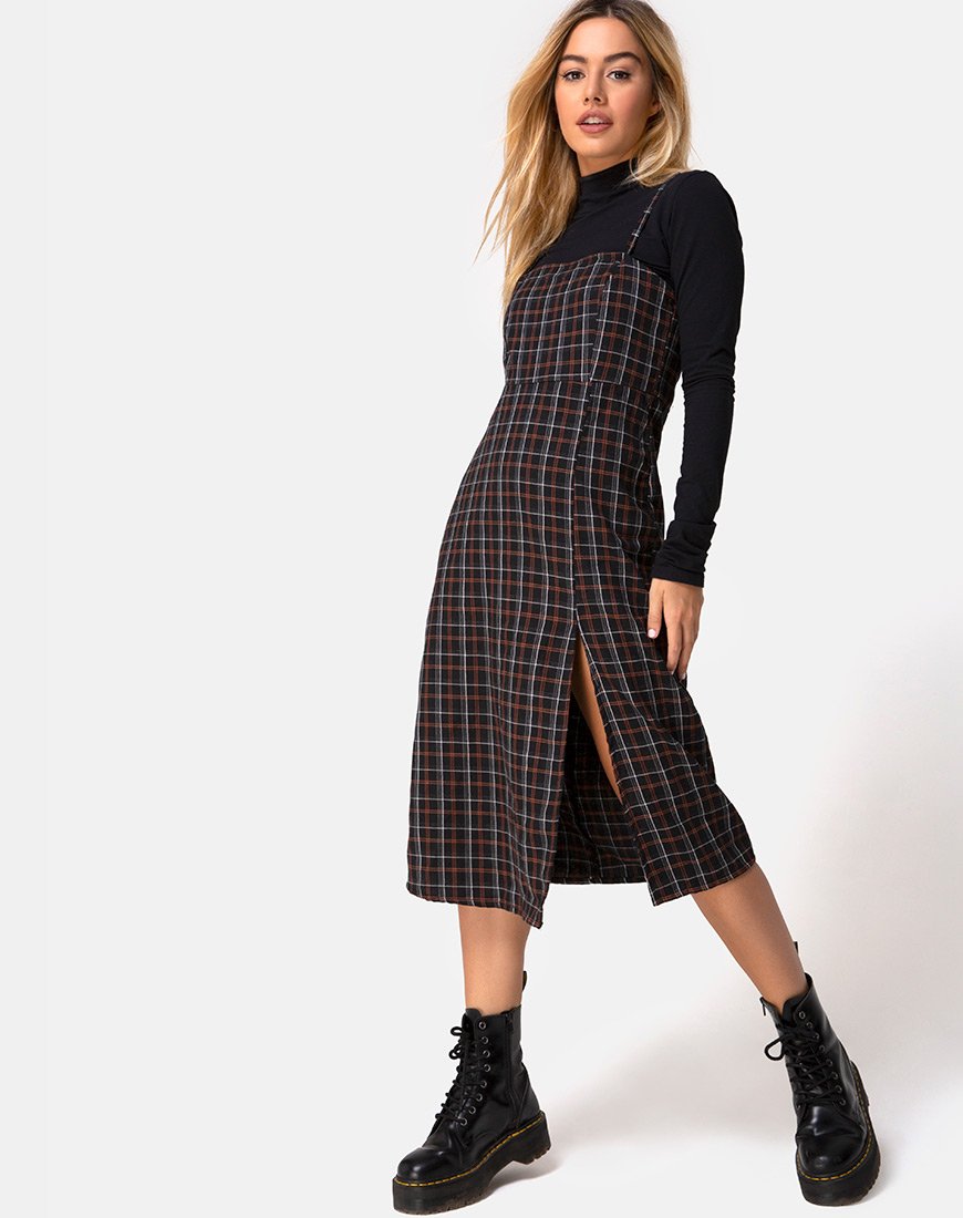 Kaoya Midi Dress in Check Black and Orange (robe midi à carreaux noire et orange)