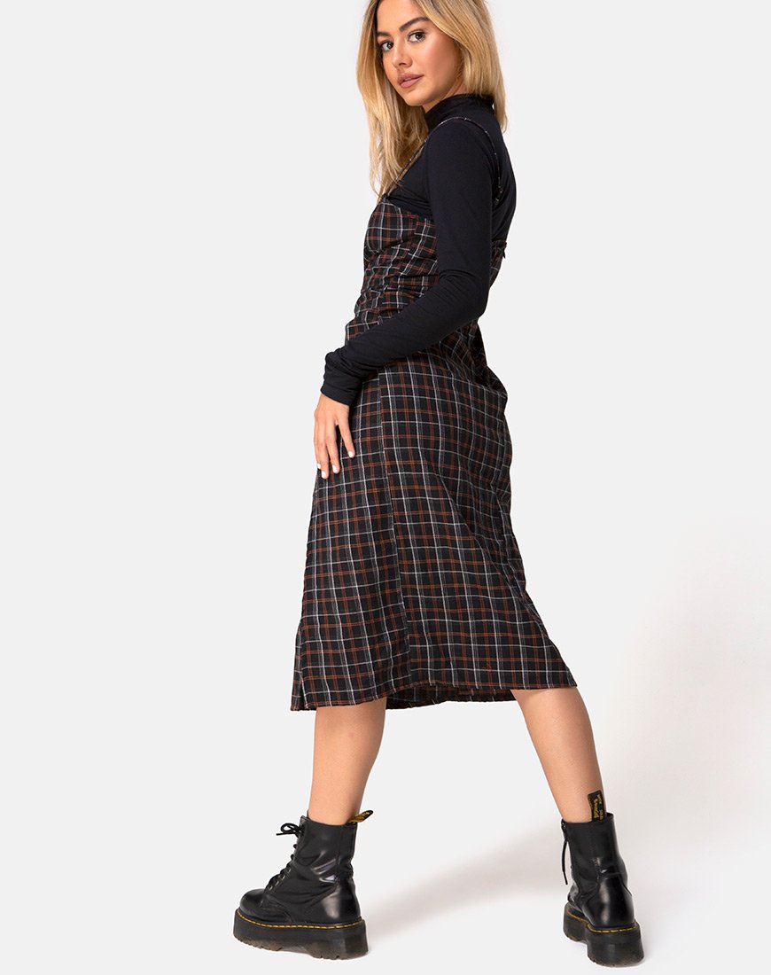 Kaoya Midi Dress in Check Black and Orange (robe midi à carreaux noire et orange)