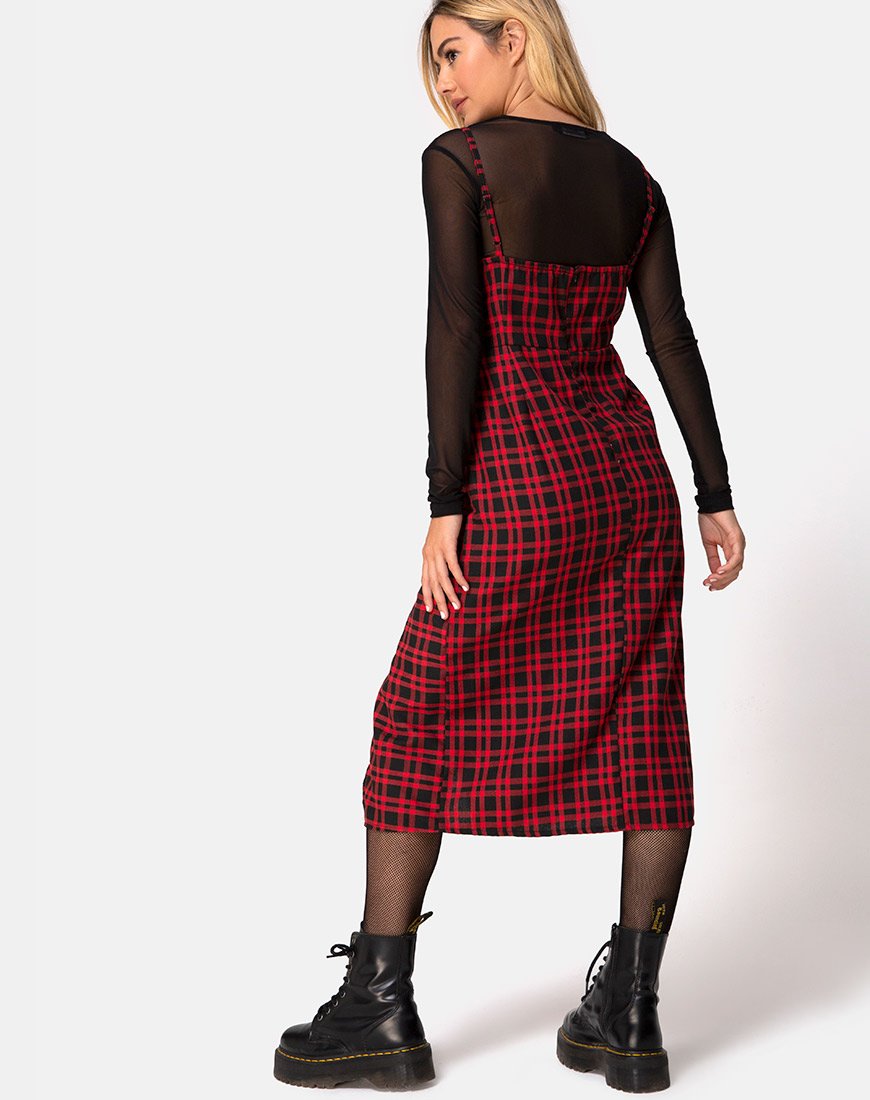 Kaoya Midi Dress in Check Red and Black (robe midi à carreaux rouges et noirs)