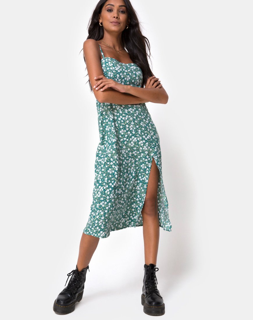 Kaoya Midi Dress in Floral Field Green (robe midi à fleurs)
