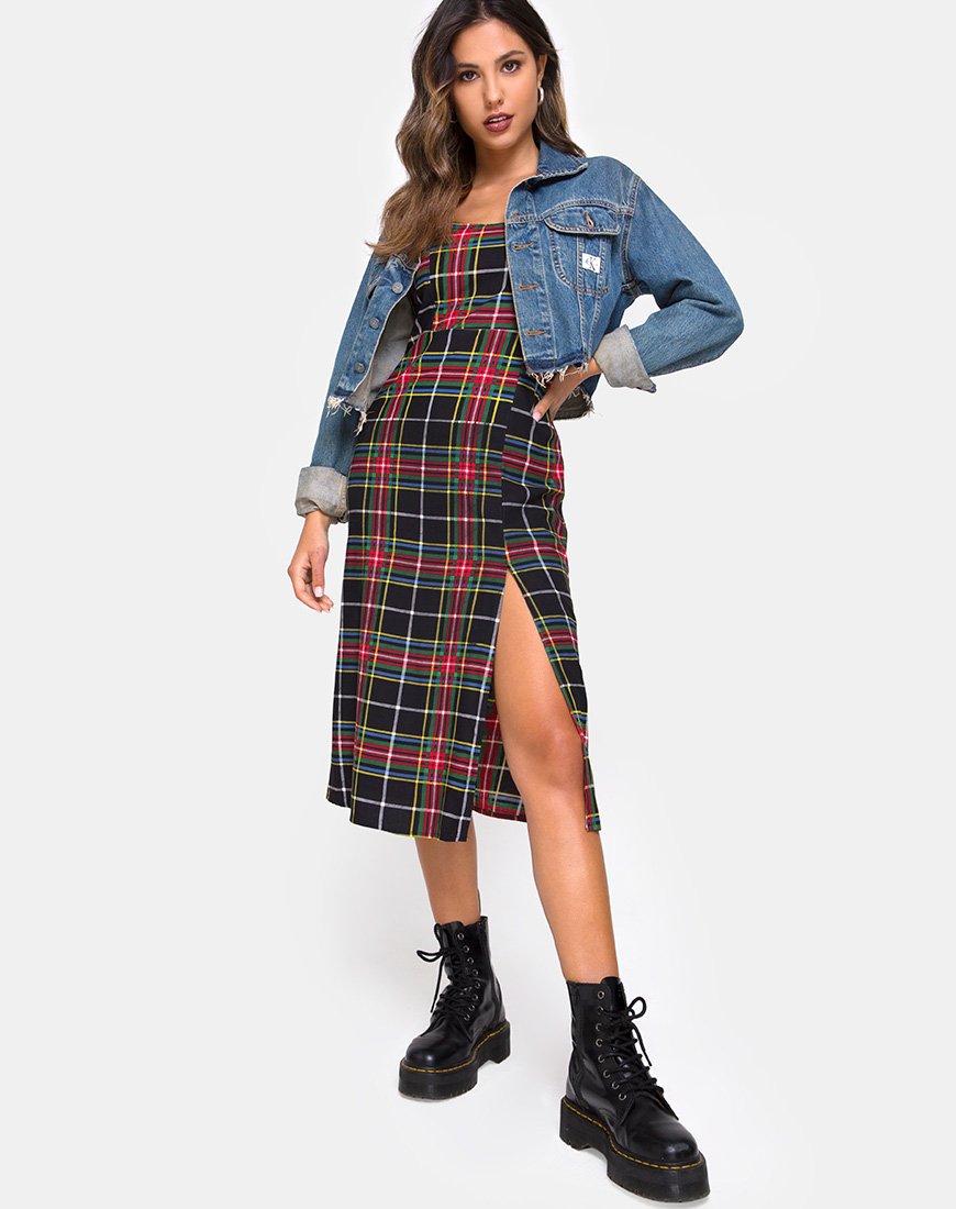 Kaoya Dress in Plaid Red Green Yellow Black (Robe Kaoya en tissu à carreaux rouge, vert et jaune)