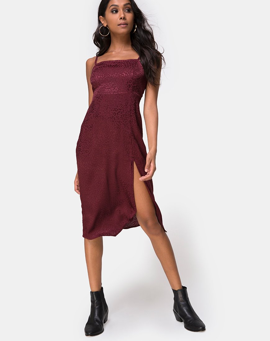 Kaoya Midi Dress in Satin Cheetah Burgundy (Robe midi en satin guépard)