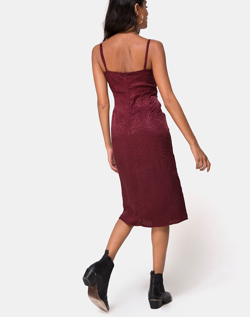 Kaoya Midi Dress in Satin Cheetah Burgundy (Robe midi en satin guépard)