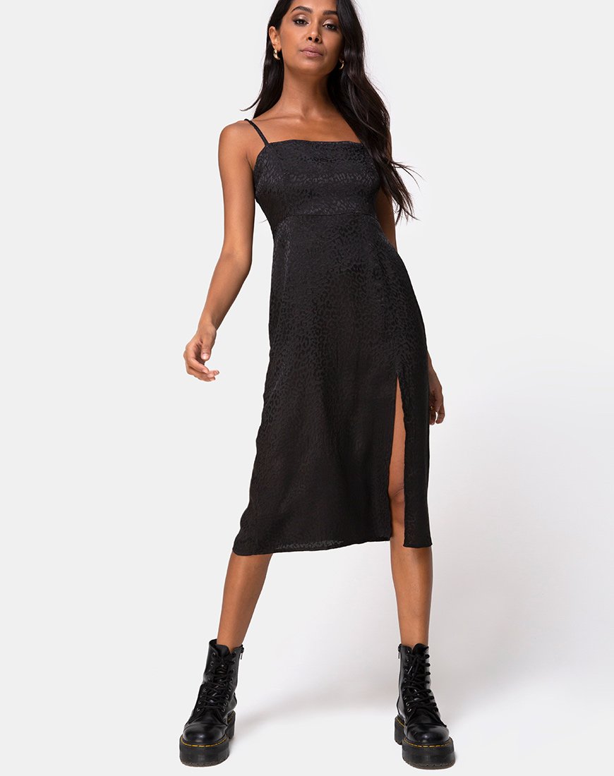 Kaoya Midi Dress in Satin Cheetah Black (Robe midi en satin guépard)