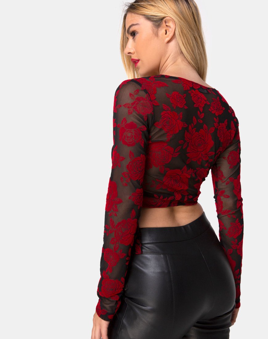 Image de Kayak Wrap Top in Romantic Red Rose Flock