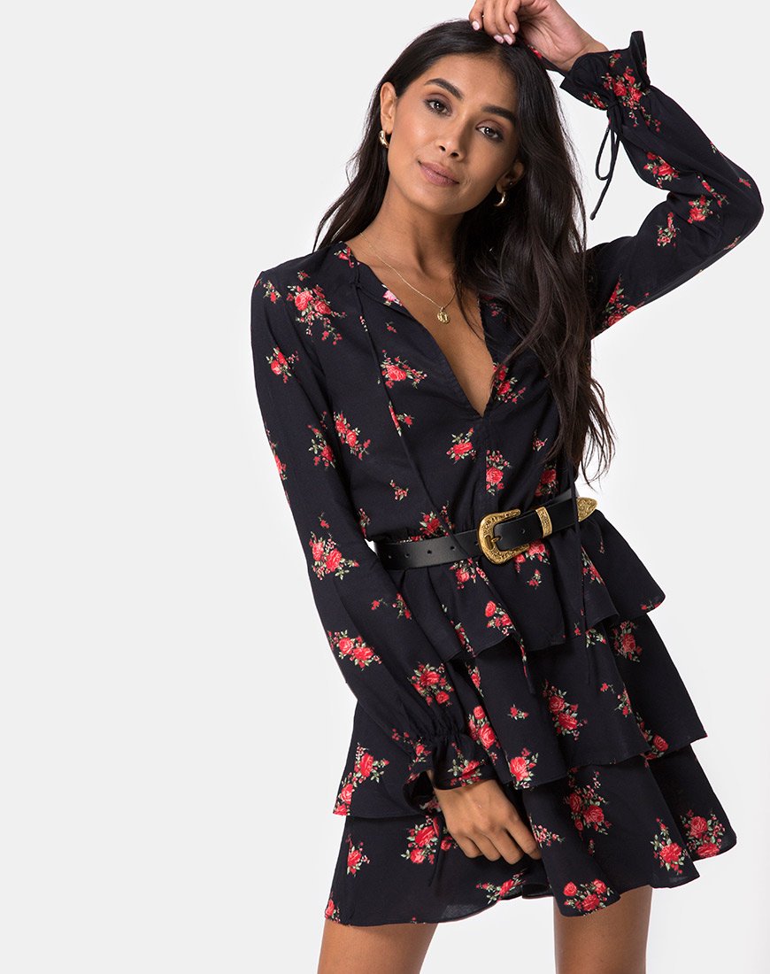 Image de Kepsibelle Robe en Soi Rose Noir et Rouge