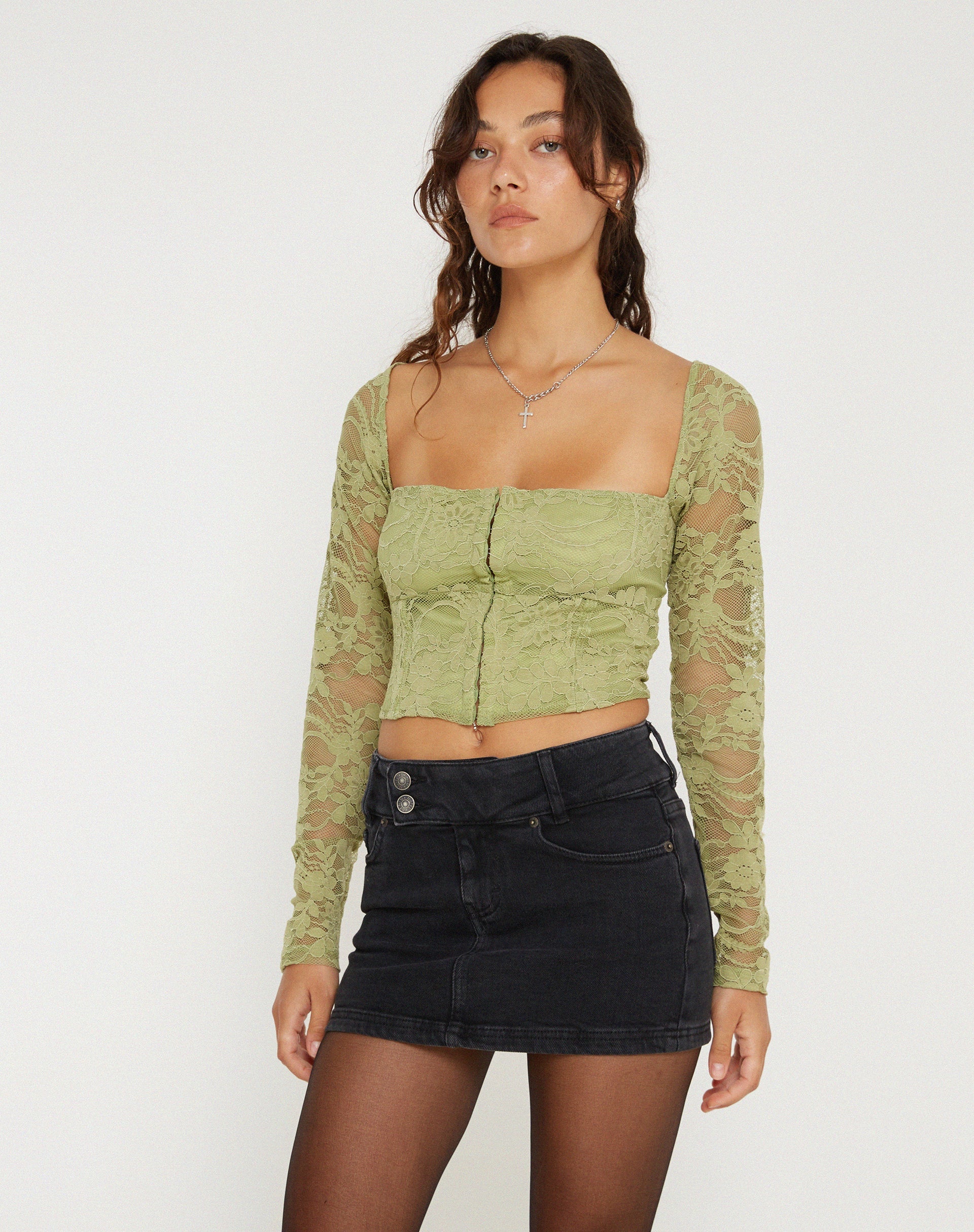image de Khafila Long Sleeve Corset Top in Lace Green