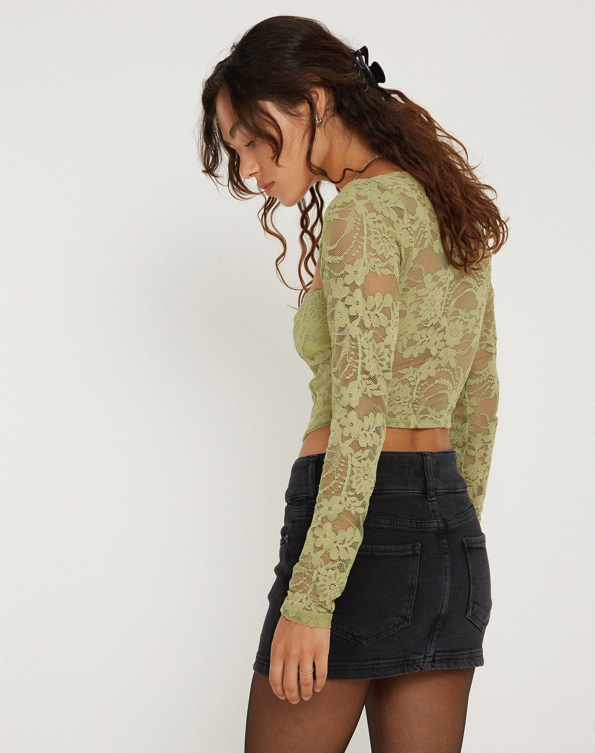 image de Khafila Long Sleeve Corset Top in Lace Green