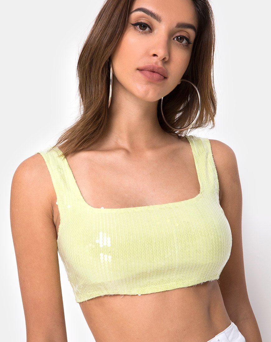 Kim Crop Top in Pistachio with Clear Sequin (Top court en pistache avec paillettes transparentes)